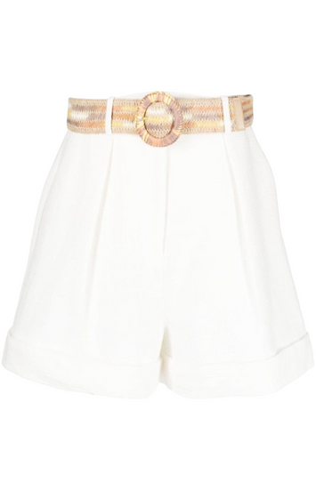 Belted pleated cotton shorts