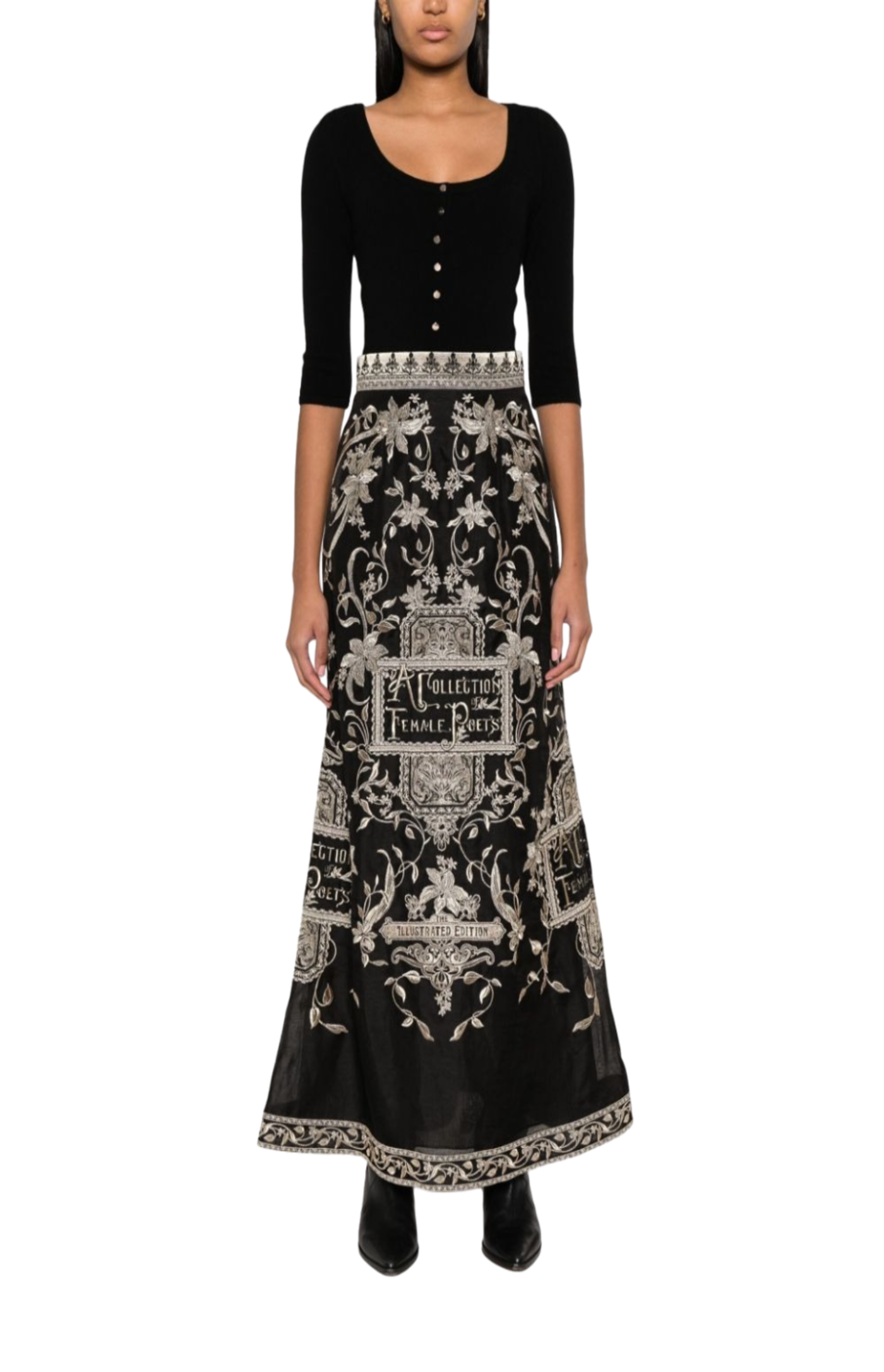 Load image into Gallery viewer, Floral-embroidered A-line skirt