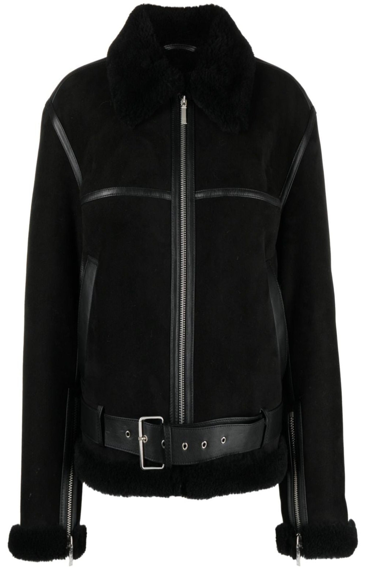 Load image into Gallery viewer, Shearling-trim zip-up suede jacket