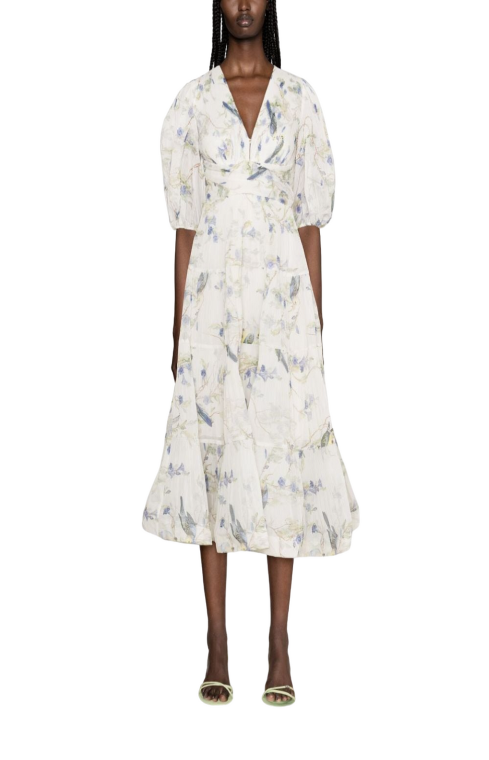 Blue Birds-print plissé maxi dress