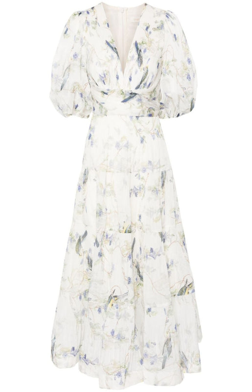 Blue Birds-print plissé maxi dress