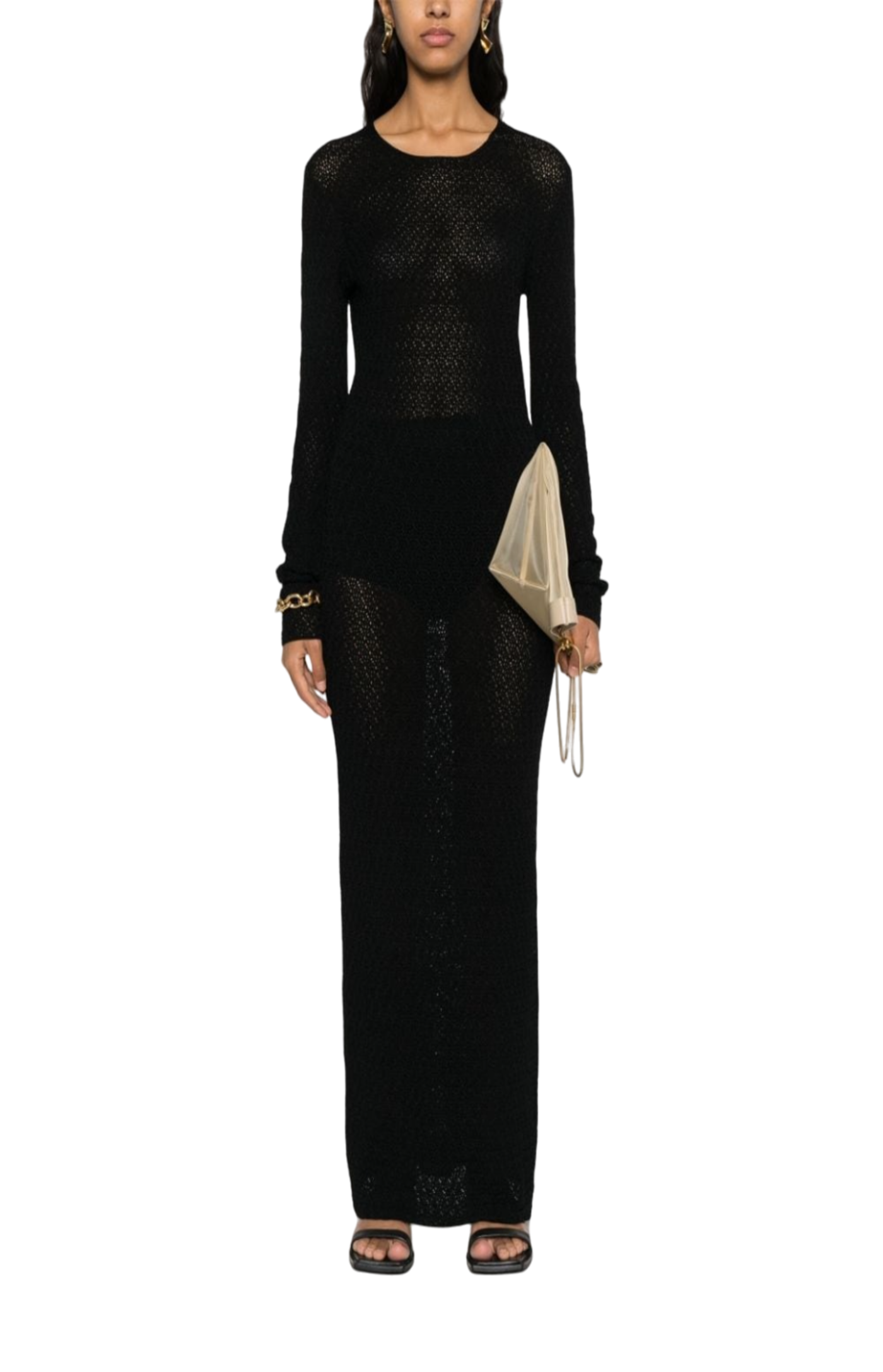 Load image into Gallery viewer, Long-sleeve crochet dress black