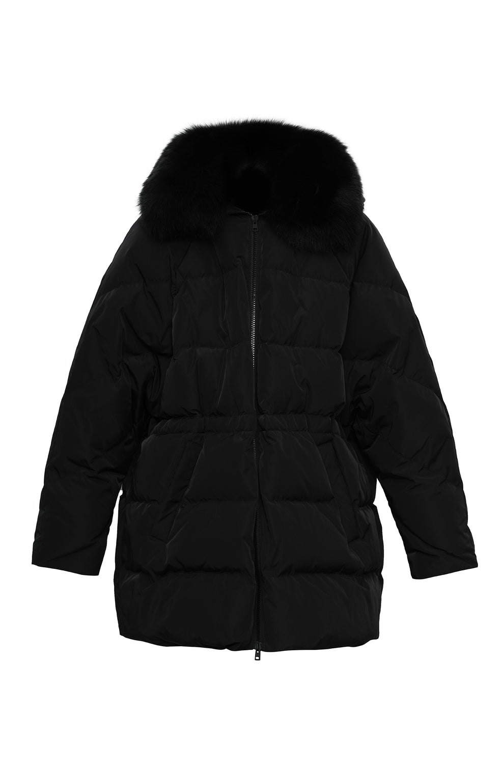 Down cape in technical fabric with removable fox fur collar