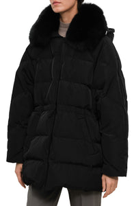 Down cape in technical fabric with removable fox fur collar