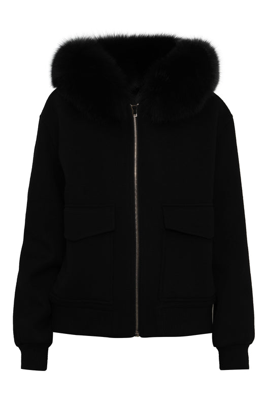 Short cashmere wool jacket with fox fur hood