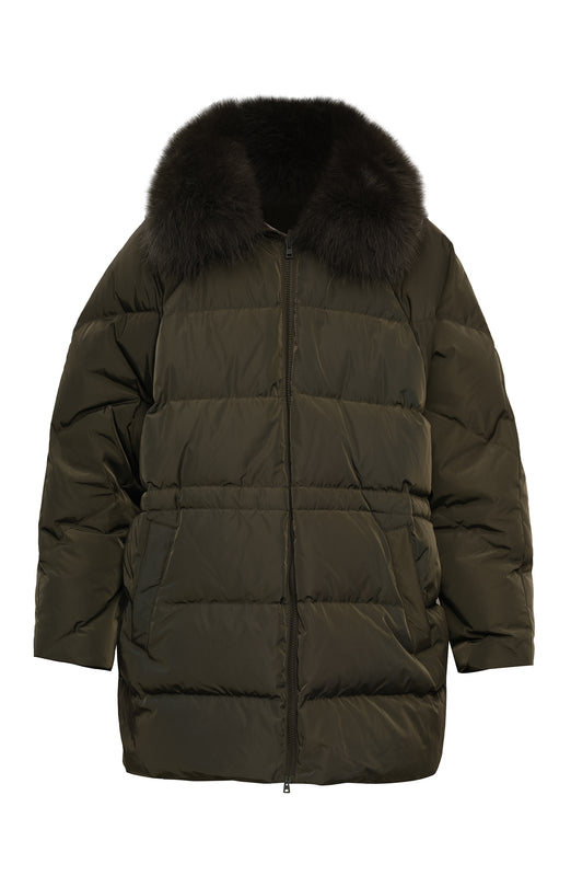 Down cape in technical fabric with removable fox fur collar