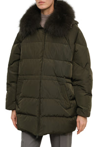 Down cape in technical fabric with removable fox fur collar