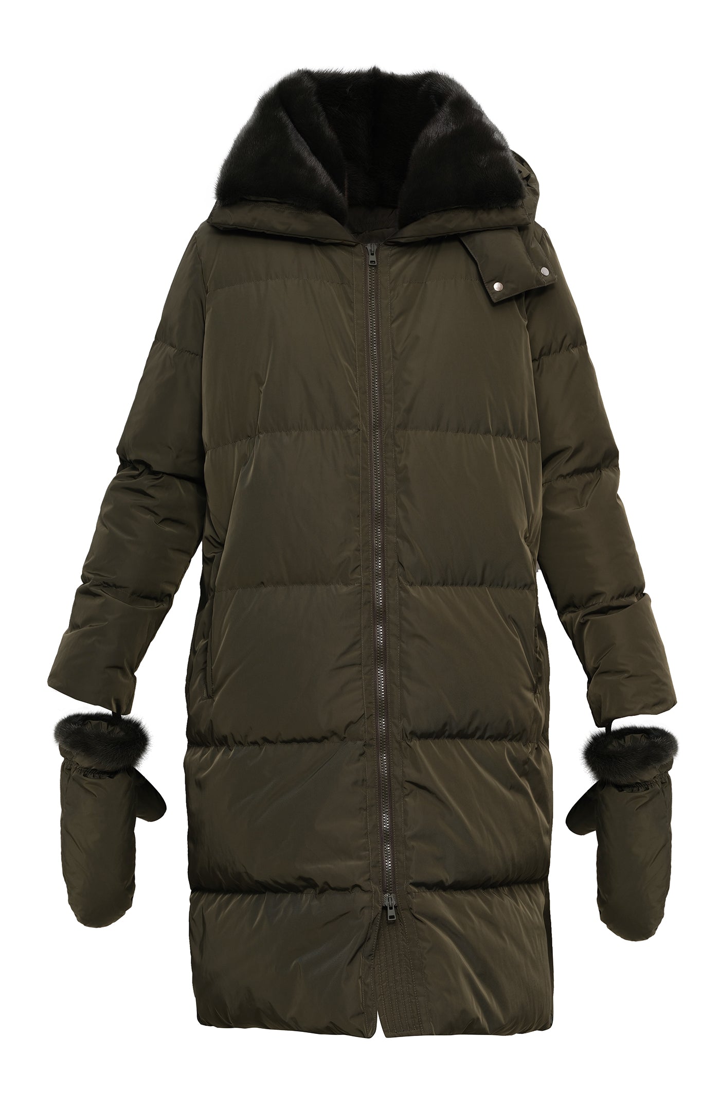 Long belted down jacket in technical fabric