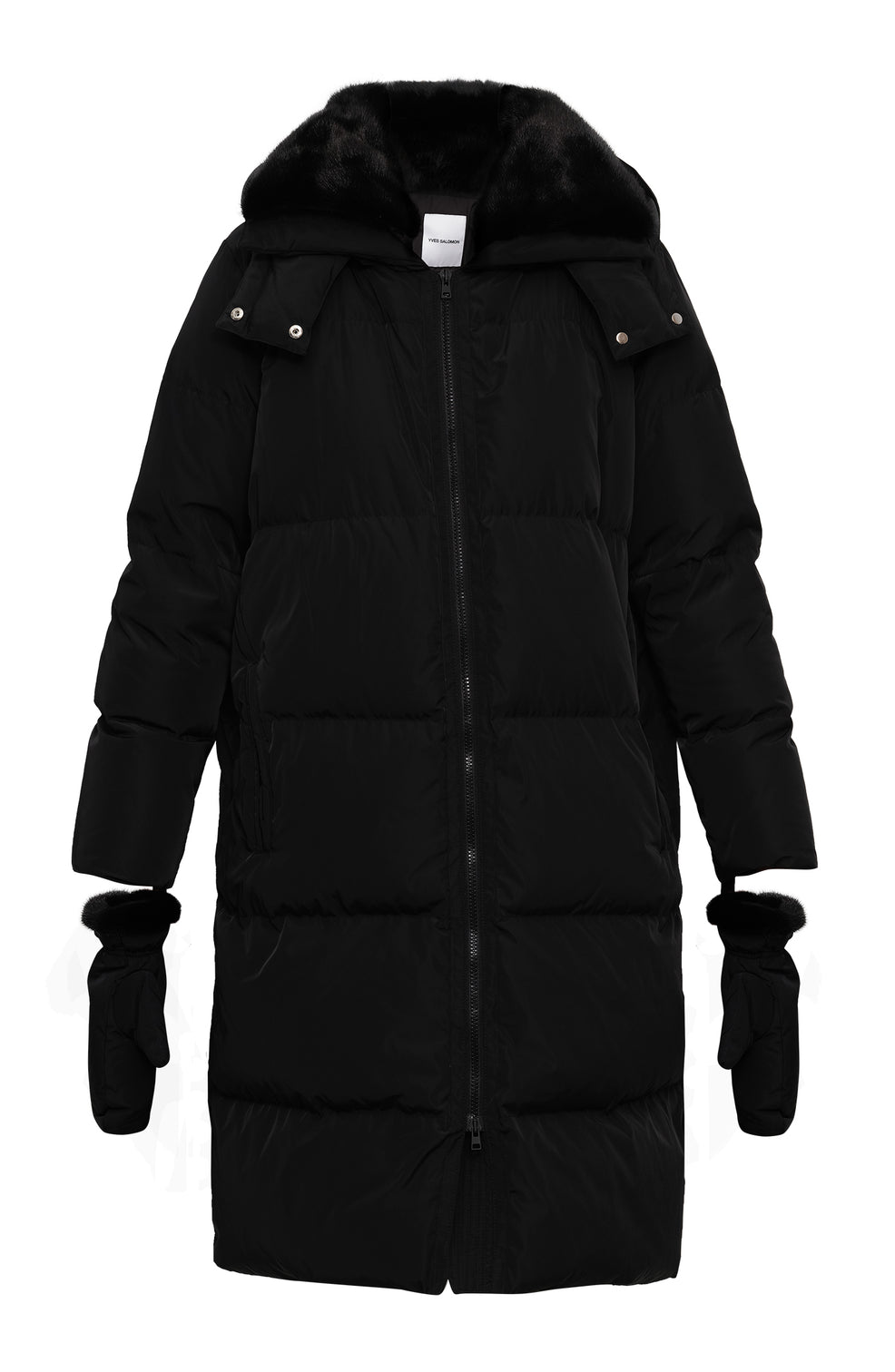 Long belted down jacket in technical fabric